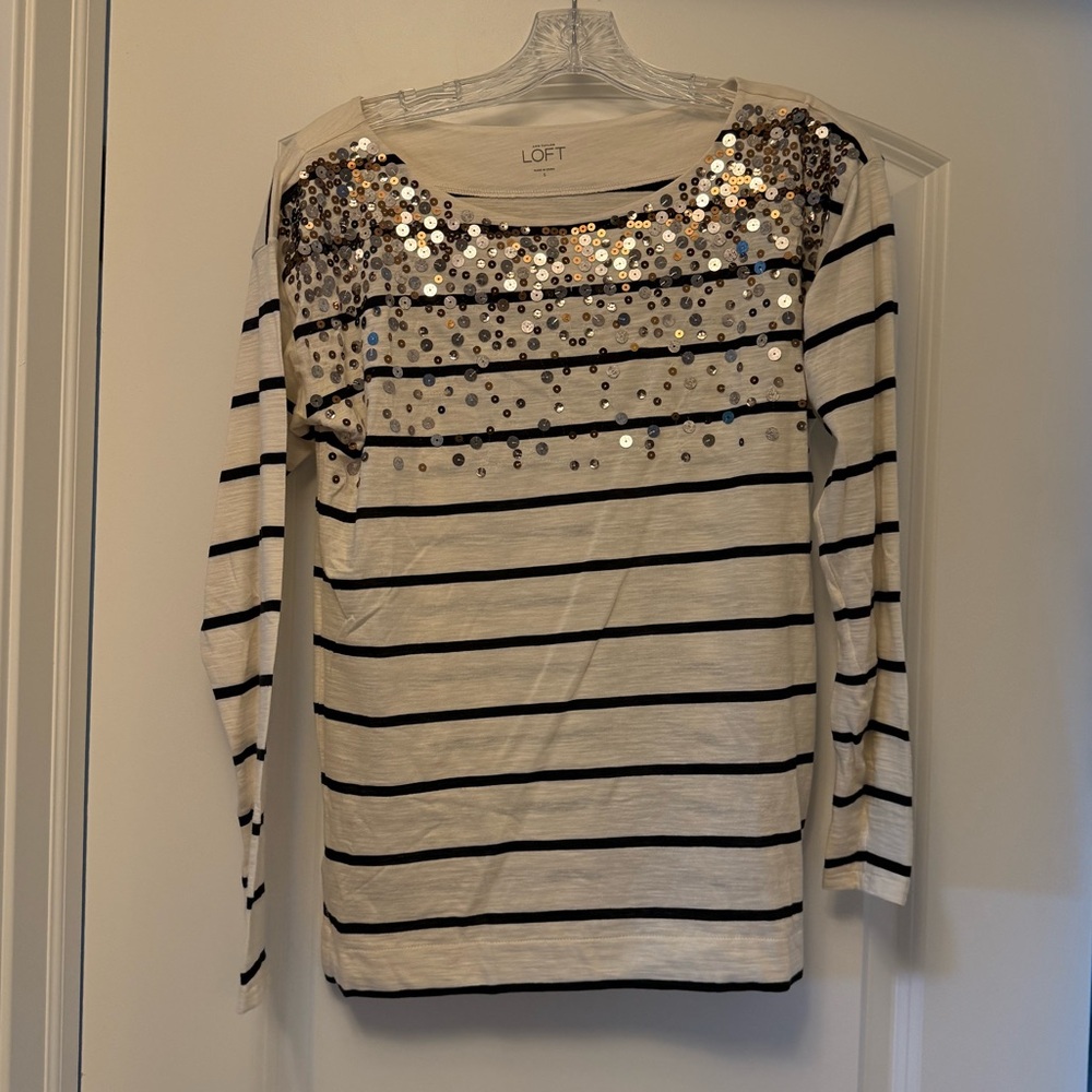 LOFT Sequin Striped Blouse - Black and Cream Small